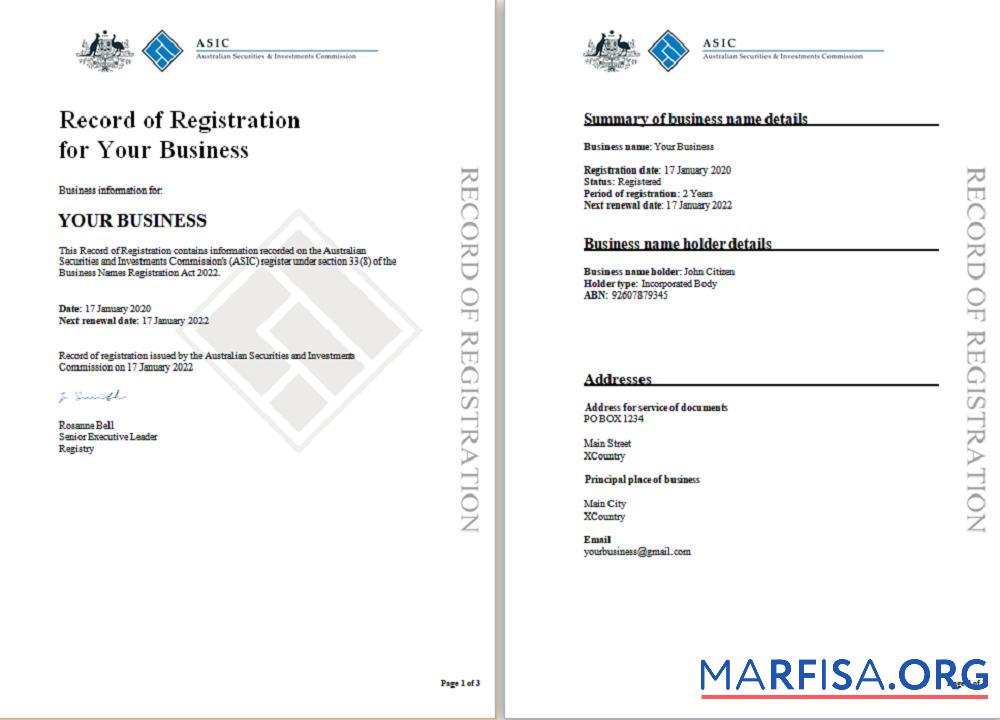 Printable Aust (ASIC) Record of Business Registration template